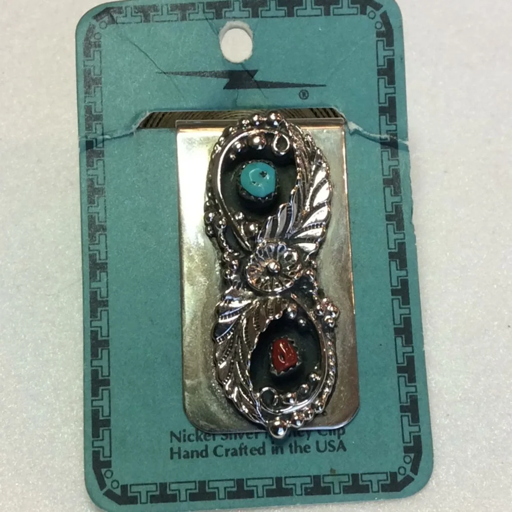 FINAL SALE PRICE Silver Southwest Money Clip w/Turquoise & Coral